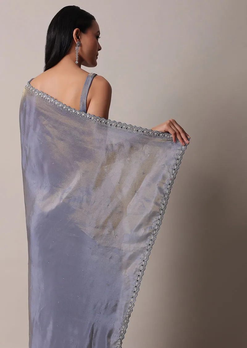 Grey Glass Tissue Saree With Mirror Work Border