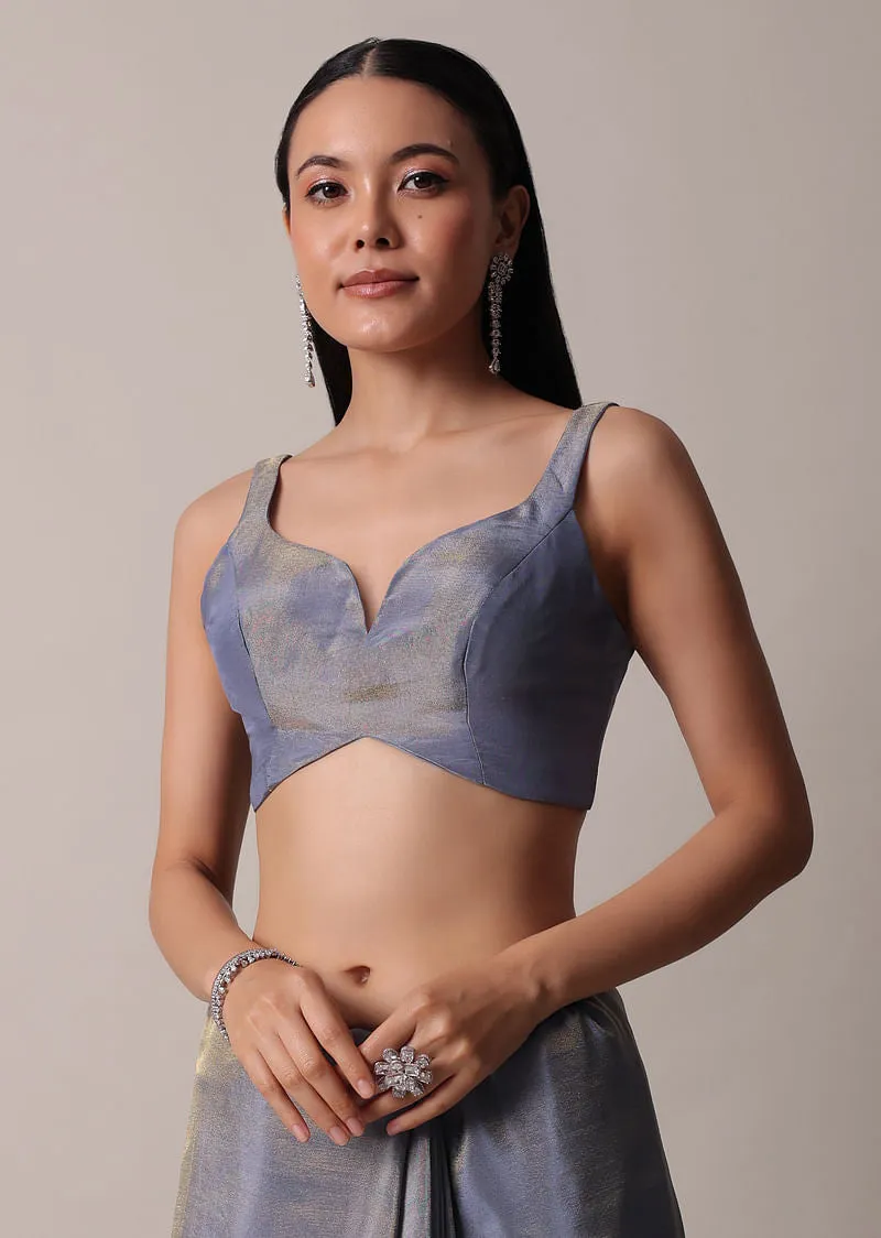 Grey Glass Tissue Saree With Mirror Work Border