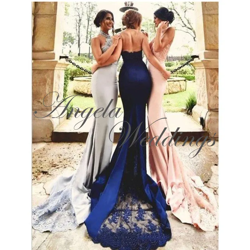 Halter Neckline Lace Bridesmaid Dresses Mermaid Floor Length
