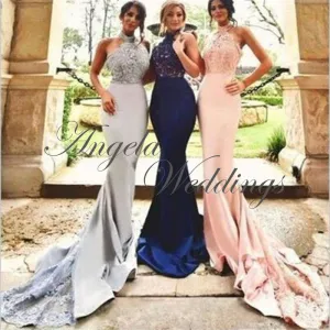 Halter Neckline Lace Bridesmaid Dresses Mermaid Floor Length