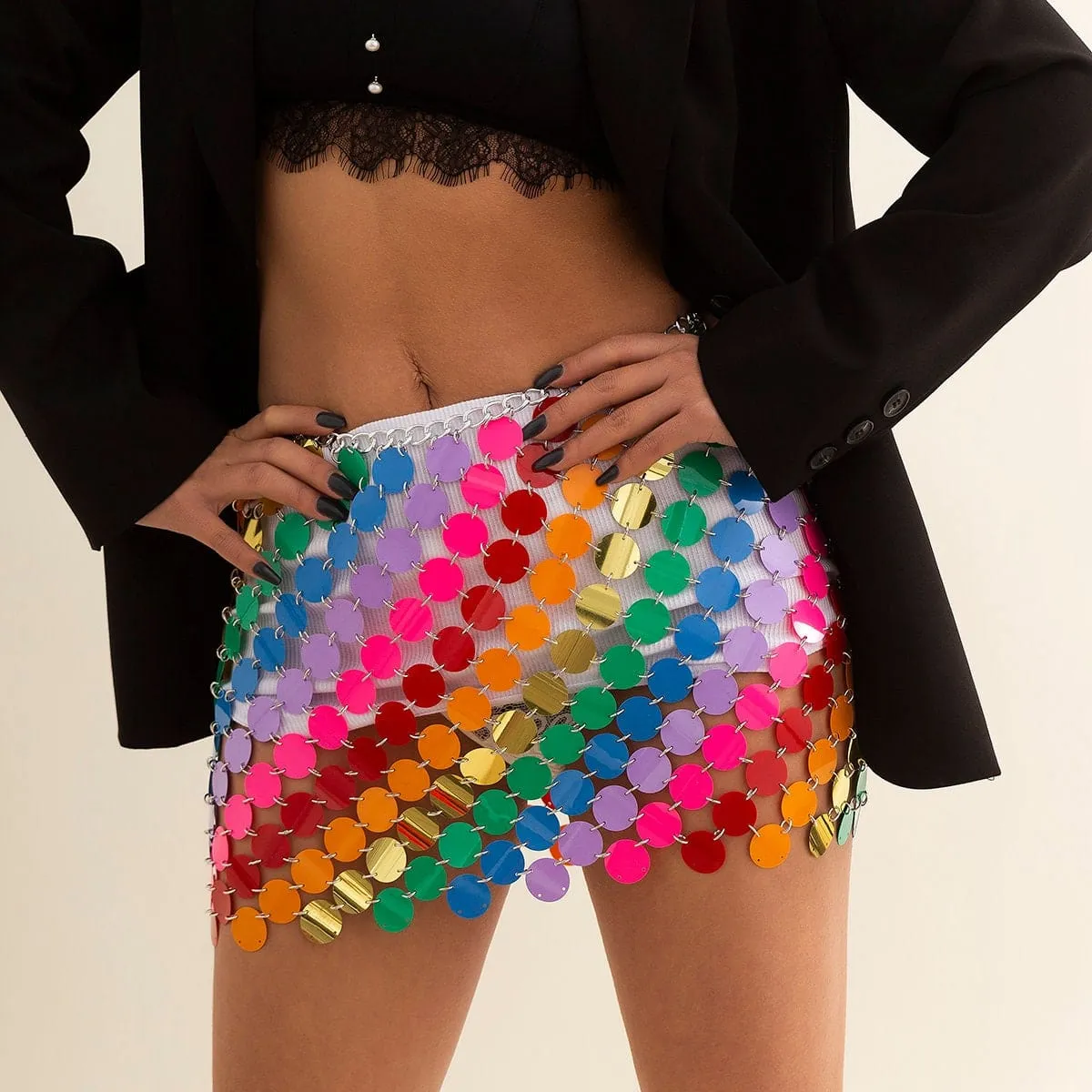 Handmade Glitter Rainbow Sequins Patchwork Nightclub Party Skirt