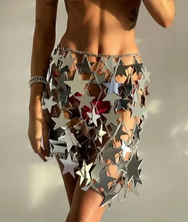 Handmade Squamous Hollow Glitter Star Sequins Strappy Rave Party Skirt