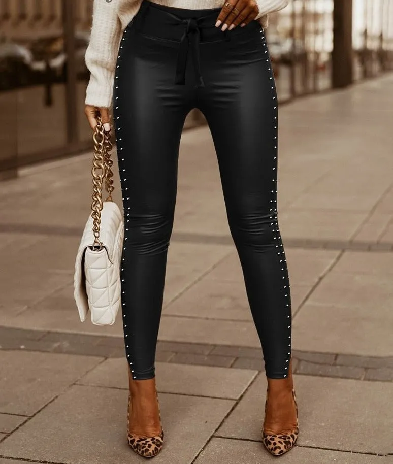 High Waist Lace-up Skinny PU Pants