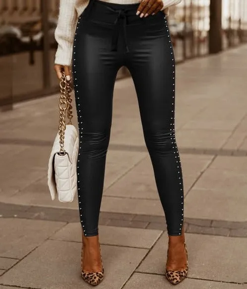 High Waist Lace-up Skinny PU Pants