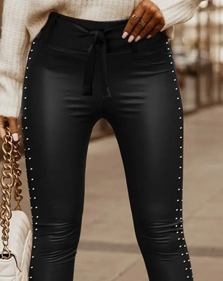 High Waist Lace-up Skinny PU Pants