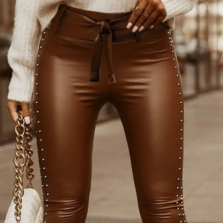 High Waist Lace-up Skinny PU Pants