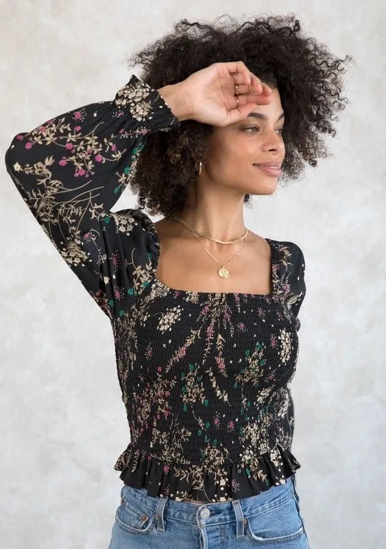 Holiday Floral Print Smocked Crop Top