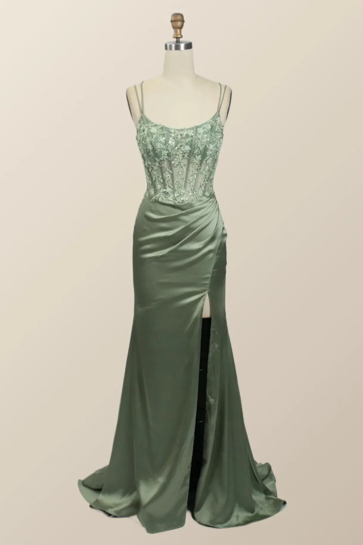 Hot Sage Green Formal Dress Lace Appliques Mermaid Graduation Dress Long