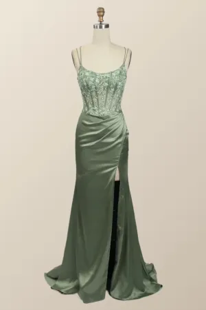 Hot Sage Green Formal Dress Lace Appliques Mermaid Graduation Dress Long