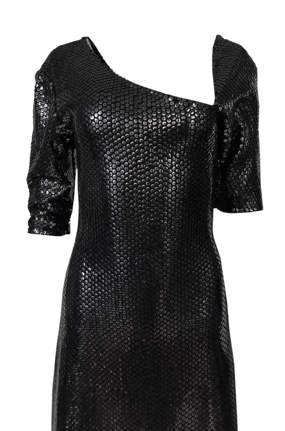 Iconic 1976 Halston Glossy Gunmetal Black Sequin Asymmetrical Full Length Dress