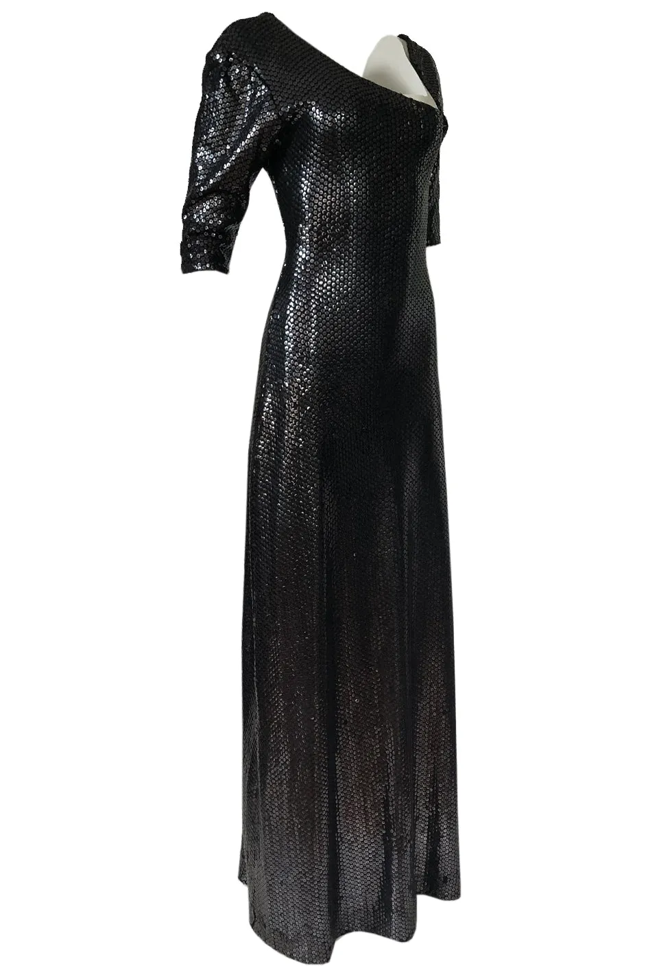 Iconic 1976 Halston Glossy Gunmetal Black Sequin Asymmetrical Full Length Dress