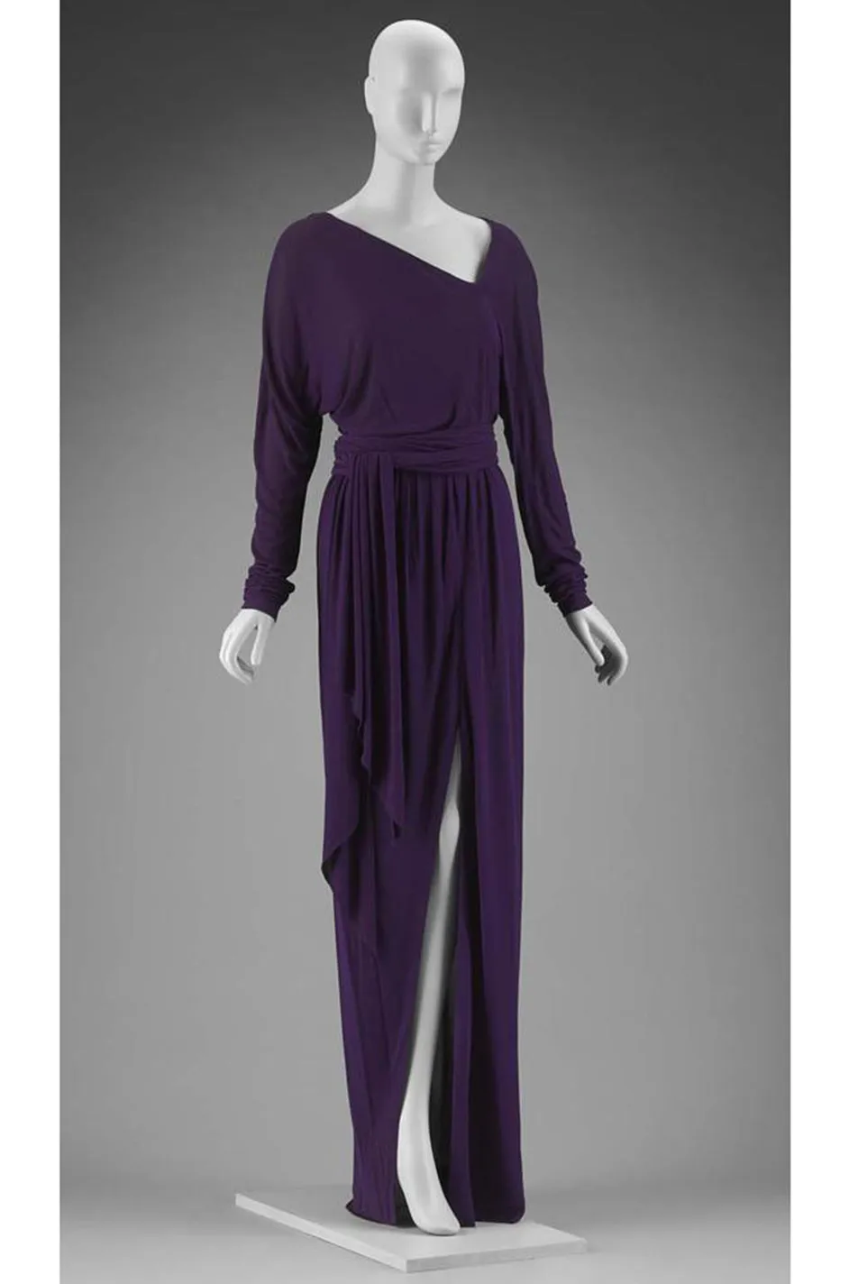 Iconic 1976 Halston Glossy Gunmetal Black Sequin Asymmetrical Full Length Dress
