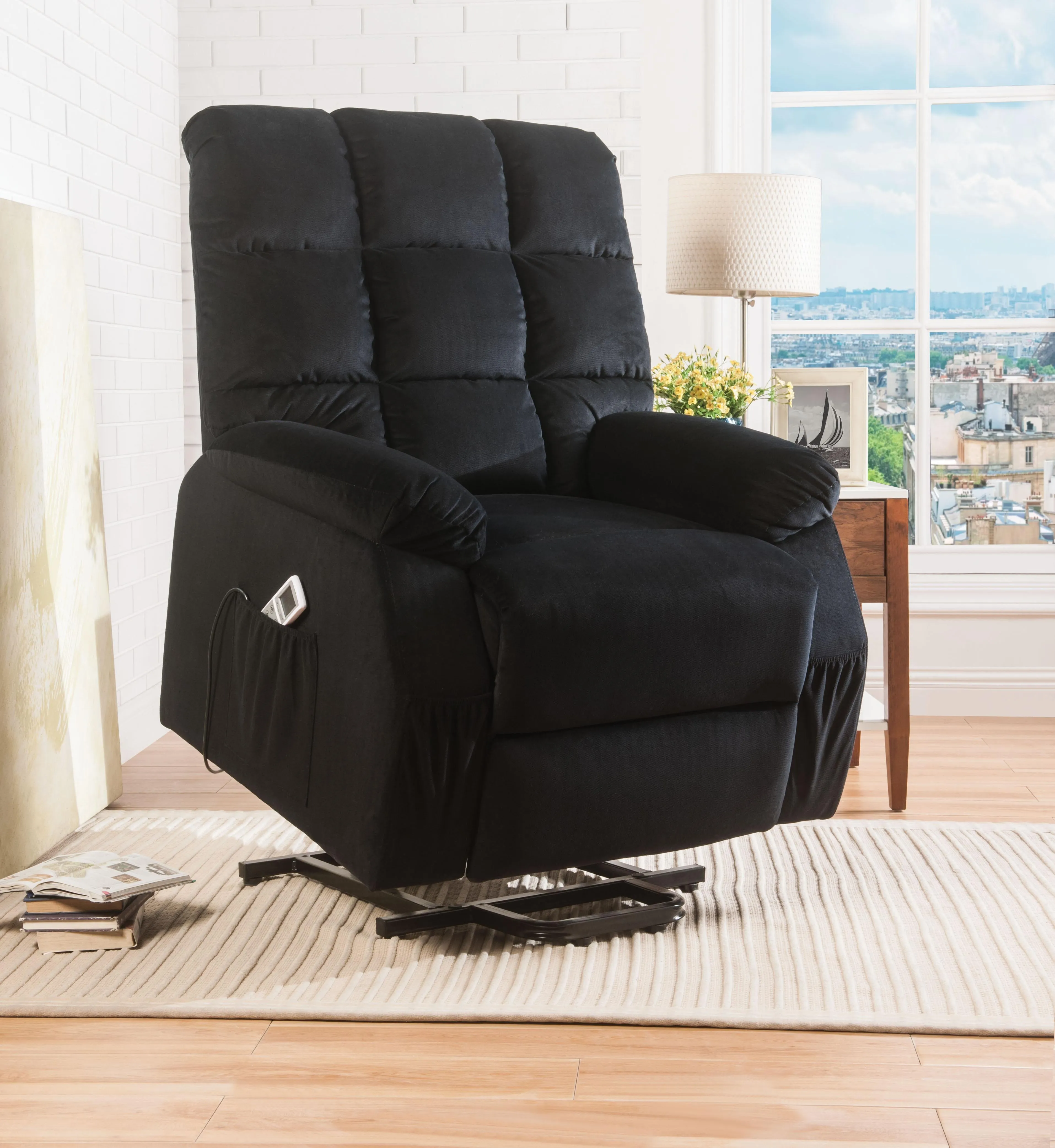 Ipompea Black Velvet Recliner w/Power Lift & Massage