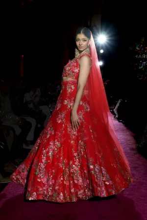 ISHITA Pink and Red Bridal Lehenga Set
