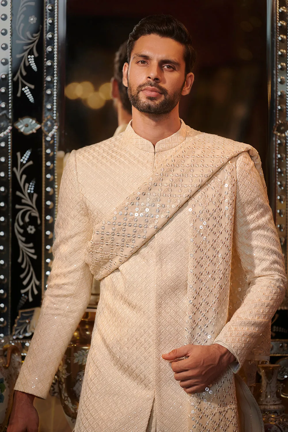 Ivory chickankari sherwani