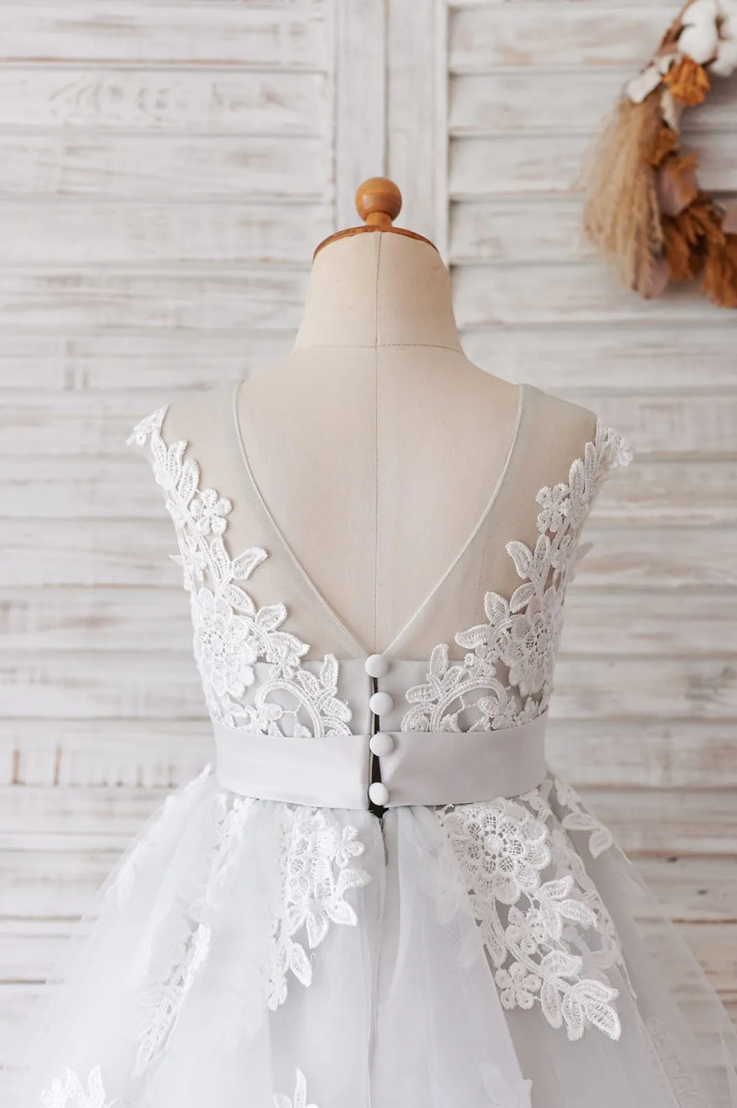 Ivory Lace Mauve / Silver Gray Tulle V Back Wedding Flower Girl Dress