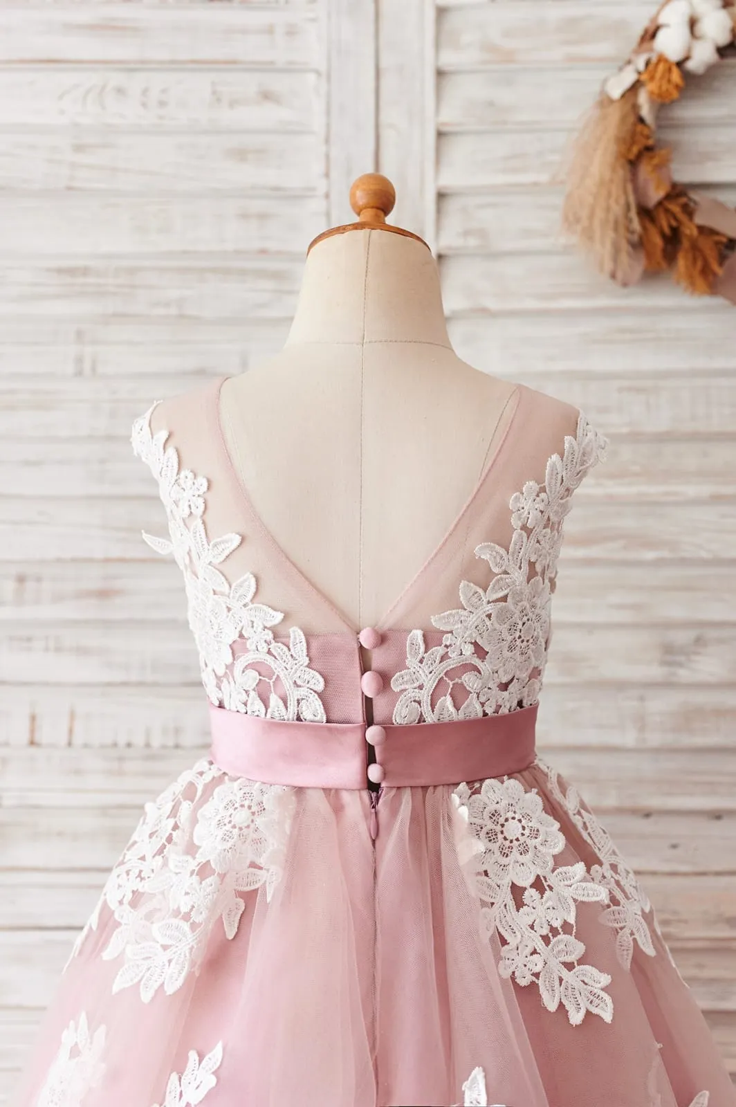 Ivory Lace Mauve / Silver Gray Tulle V Back Wedding Flower Girl Dress