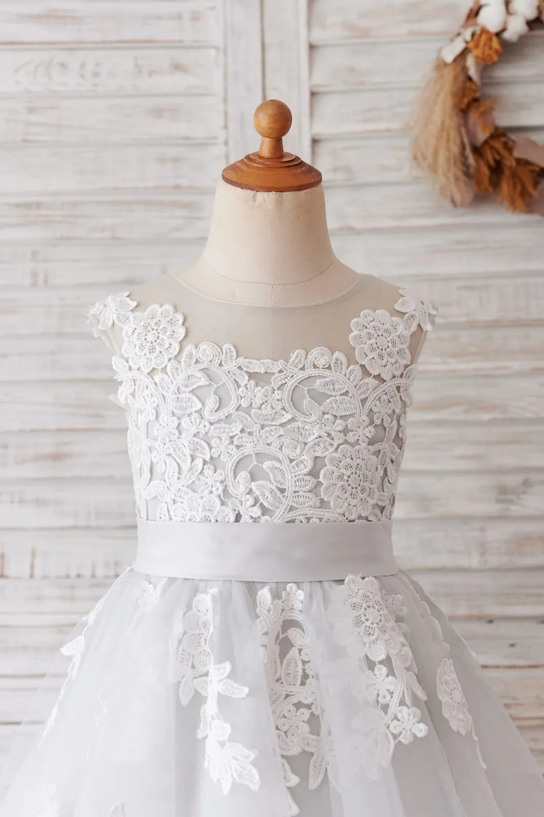 Ivory Lace Mauve / Silver Gray Tulle V Back Wedding Flower Girl Dress