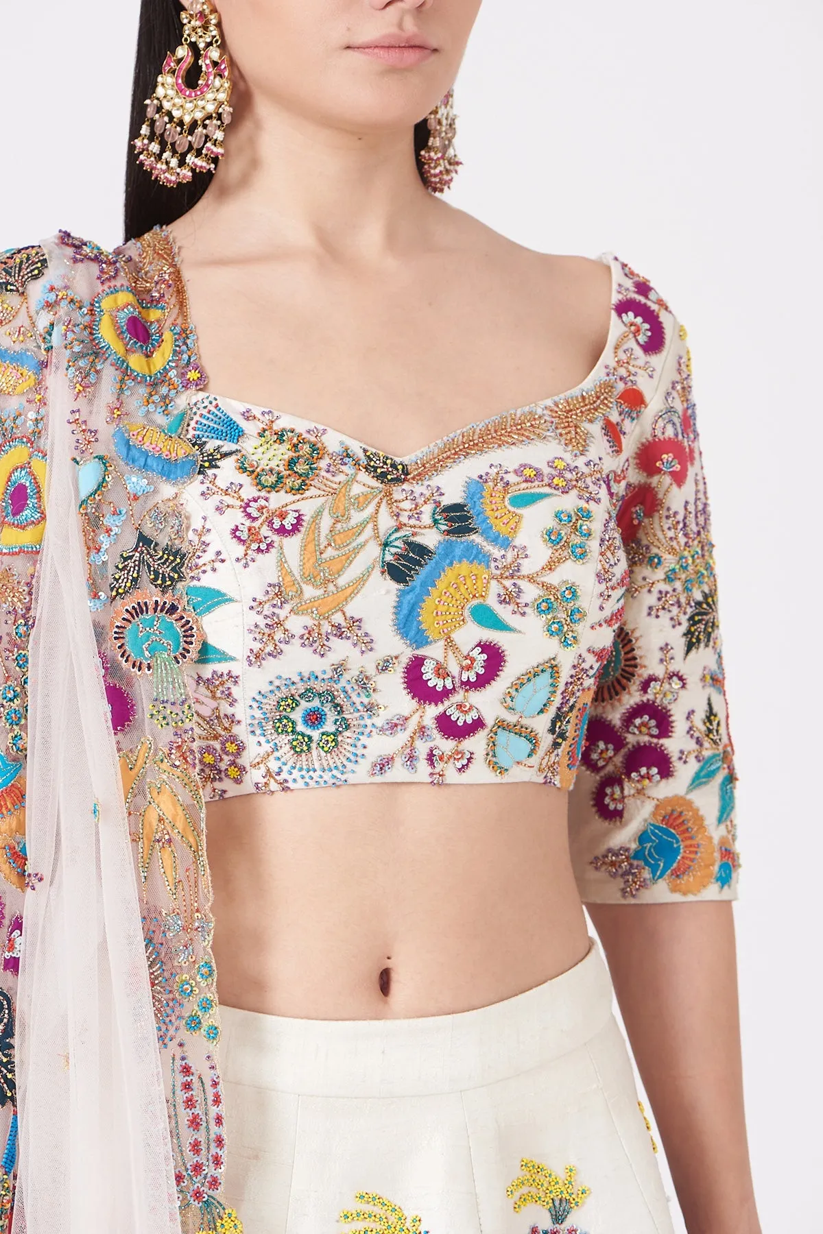 Ivory Paper Dolls Raw Silk Appliquéd And Embellished Lehenga With Blouse And Cutwork Tulle Dupatta