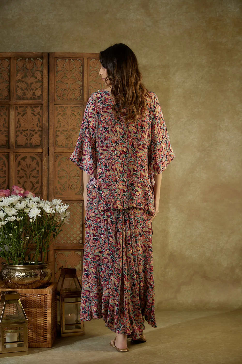 Ivory Printed Kaftan Top And Pleated Dhoti Pants Set