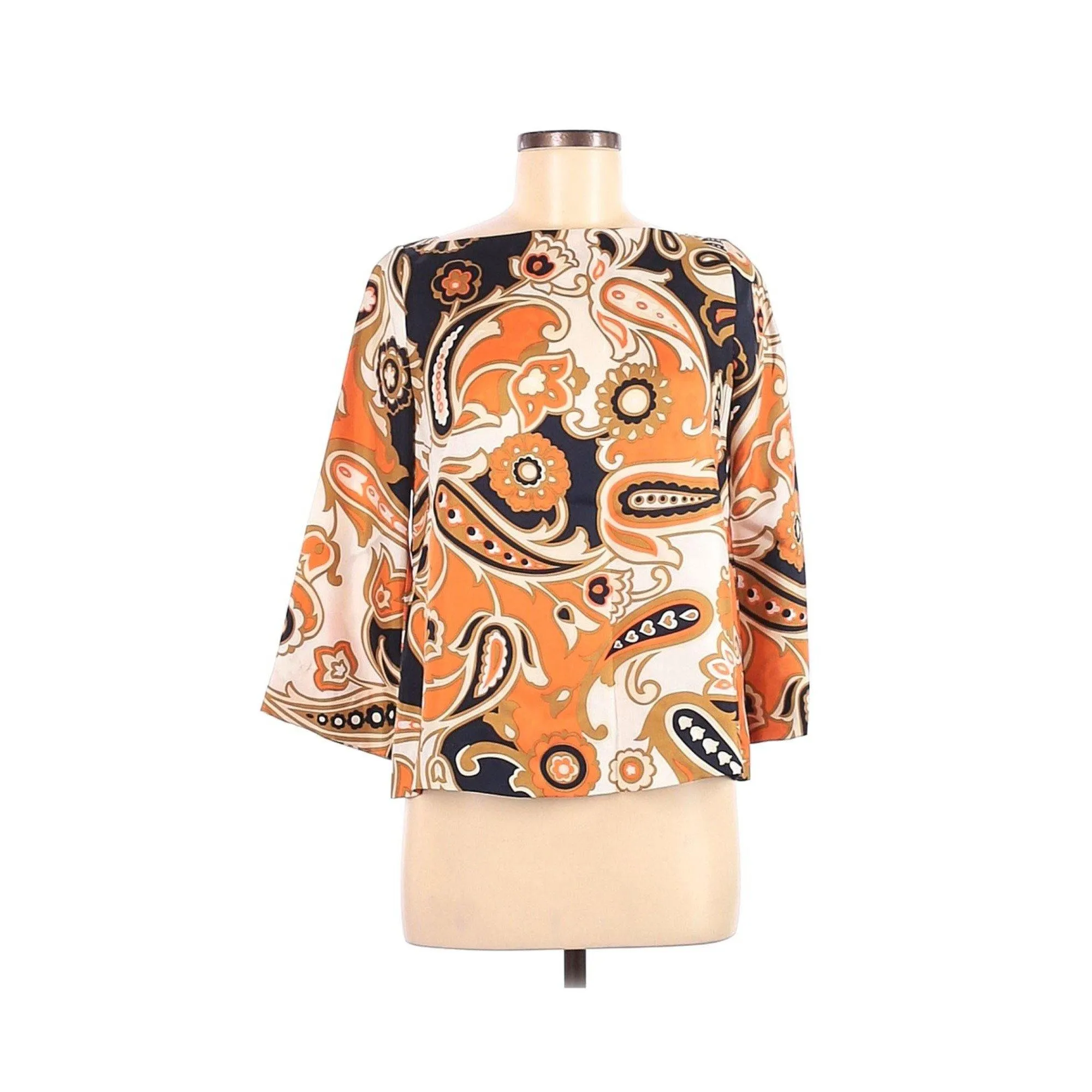 J.Crew Navy Orange Paisley 3/4 Sleeve Silk Top