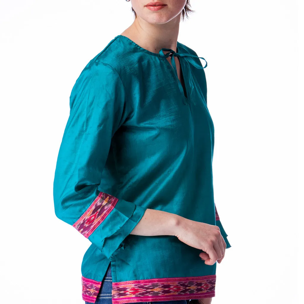 Jheel Blue and Pink Upcycled Silk Kurta Top