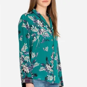 Johnny Was 100% Silk Floral Button Front Pajama Top/Blouse in Teal - Size Medium