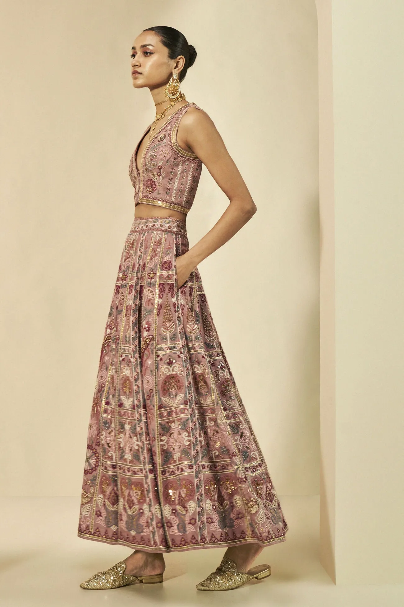 Kaadhal SEWA Hand-embroidered Silk Skirt Set - Old Rose