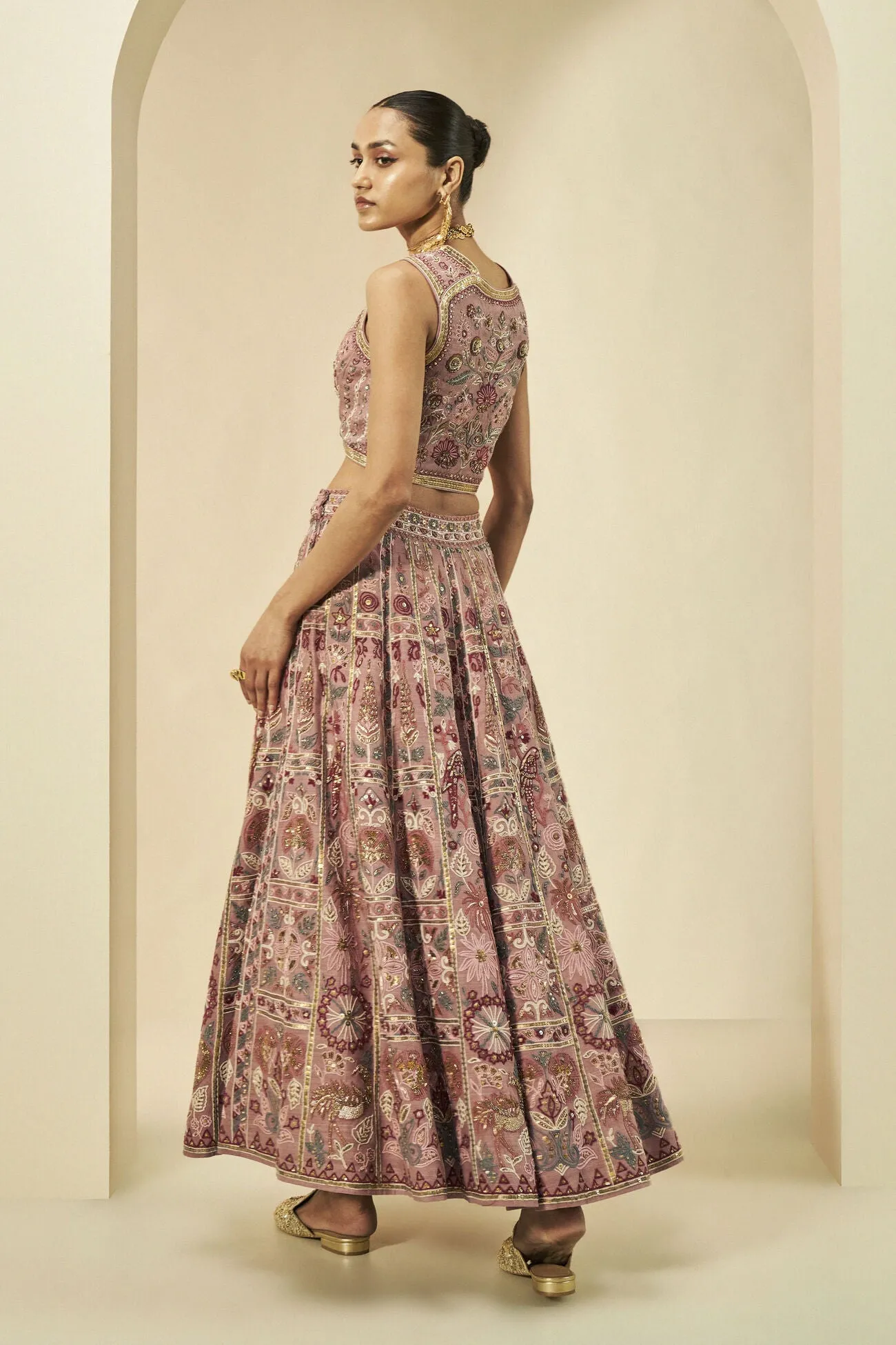 Kaadhal SEWA Hand-embroidered Silk Skirt Set - Old Rose