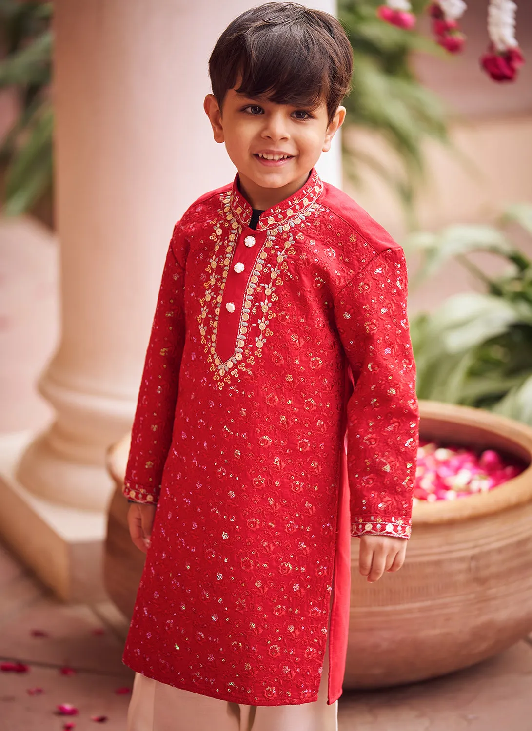 Kids Red Embroidered Kurta Set