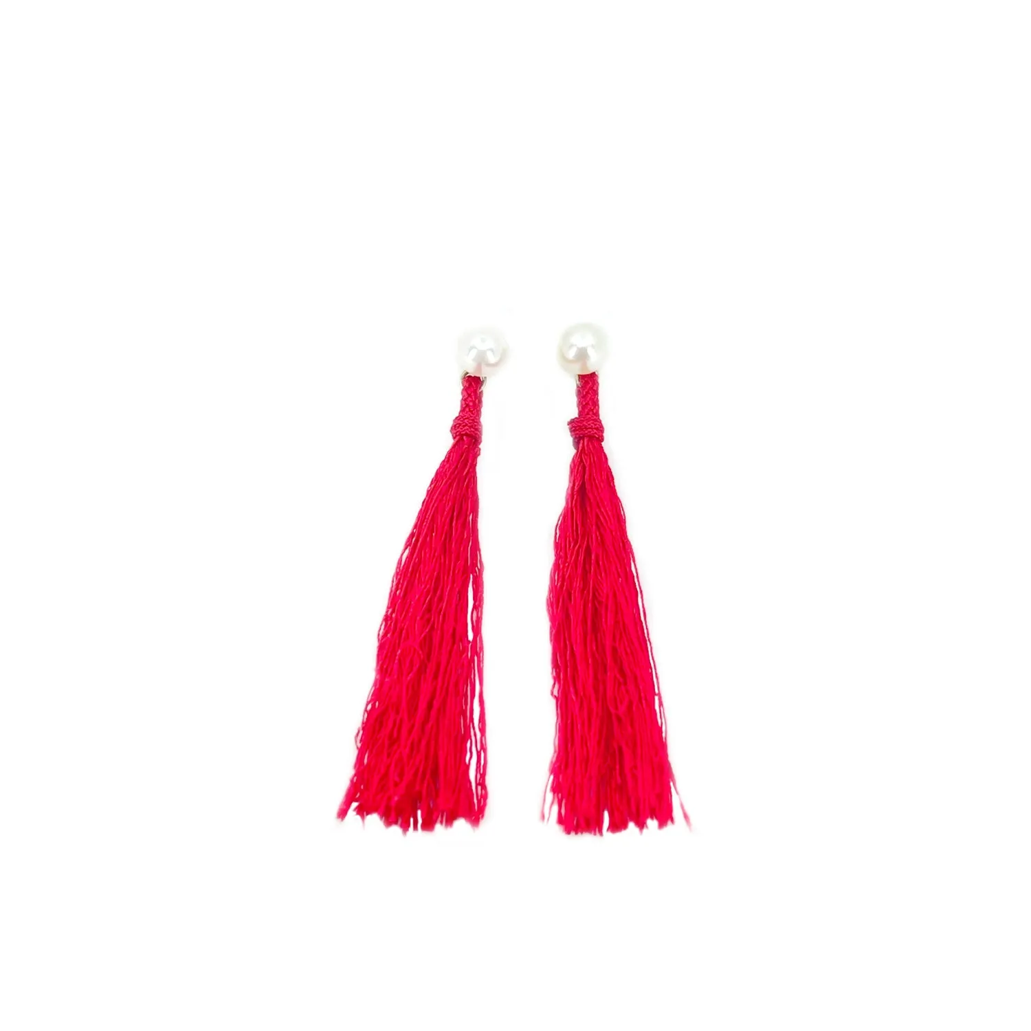 Kumihimo Braided Red Vermillion Natural Silk Tassel Boho Pierced Earring Enhancer- 14K Yellow Gold 2 3/4 Inch