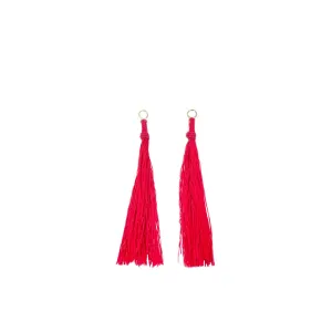 Kumihimo Braided Red Vermillion Natural Silk Tassel Boho Pierced Earring Enhancer- 14K Yellow Gold 2 3/4 Inch