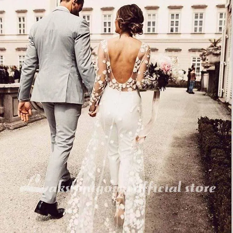 Lace Floral Wedding Jumpsuit With Train Jewel Neck Long Sleeve