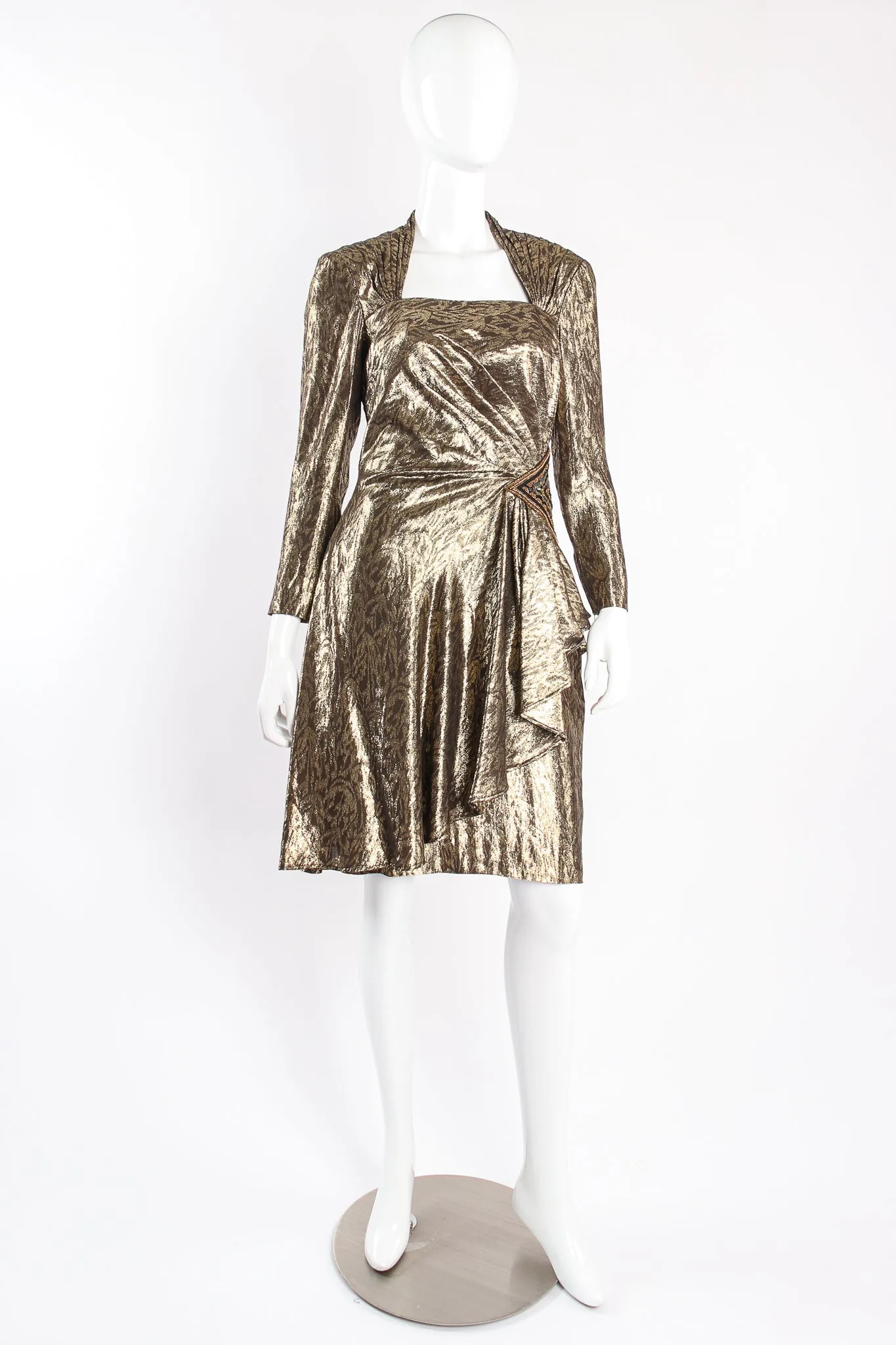 Lamé Wrap Peplum Cocktail Dress