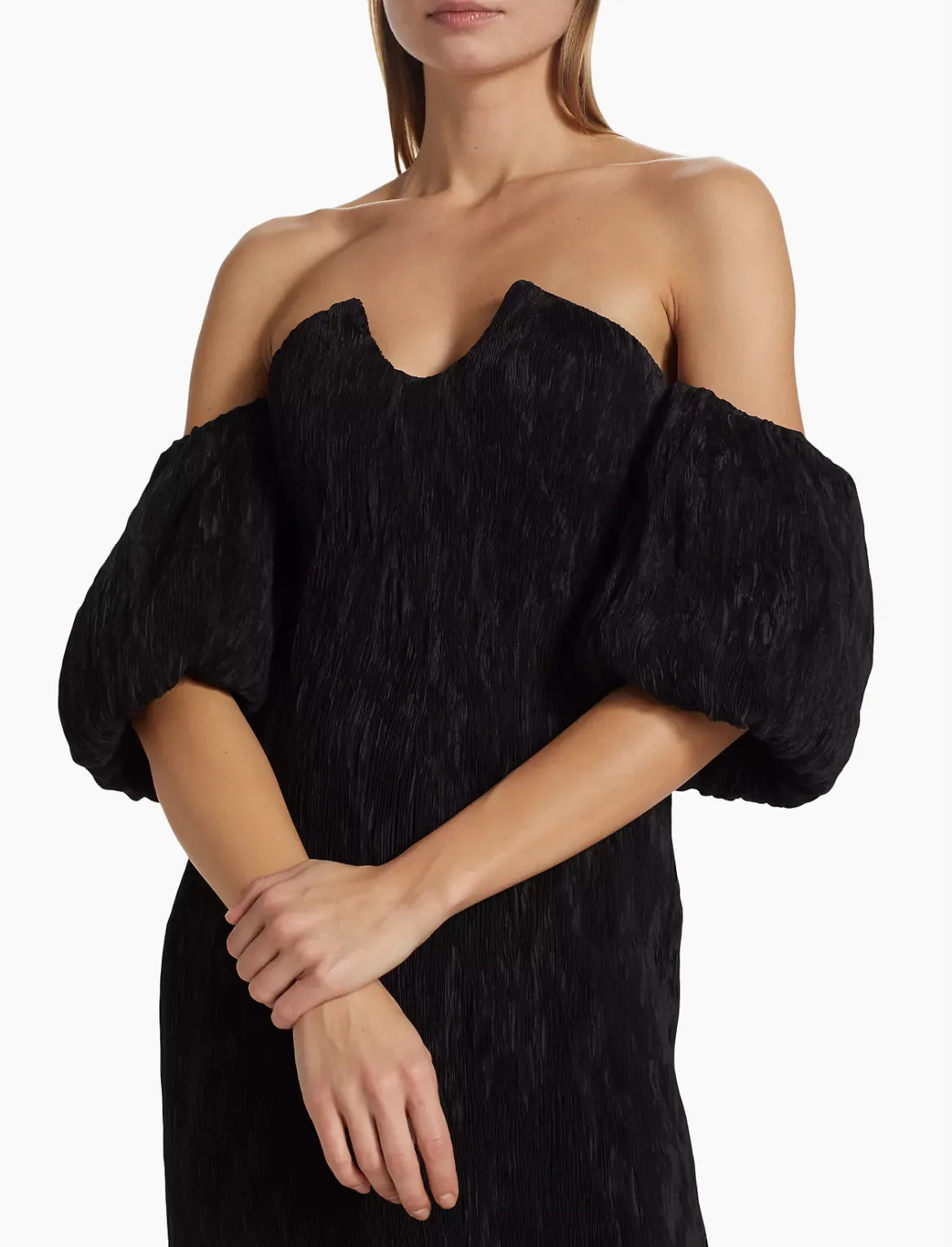 Lela Rose Black Plissé Off-The-Shoulder Dress