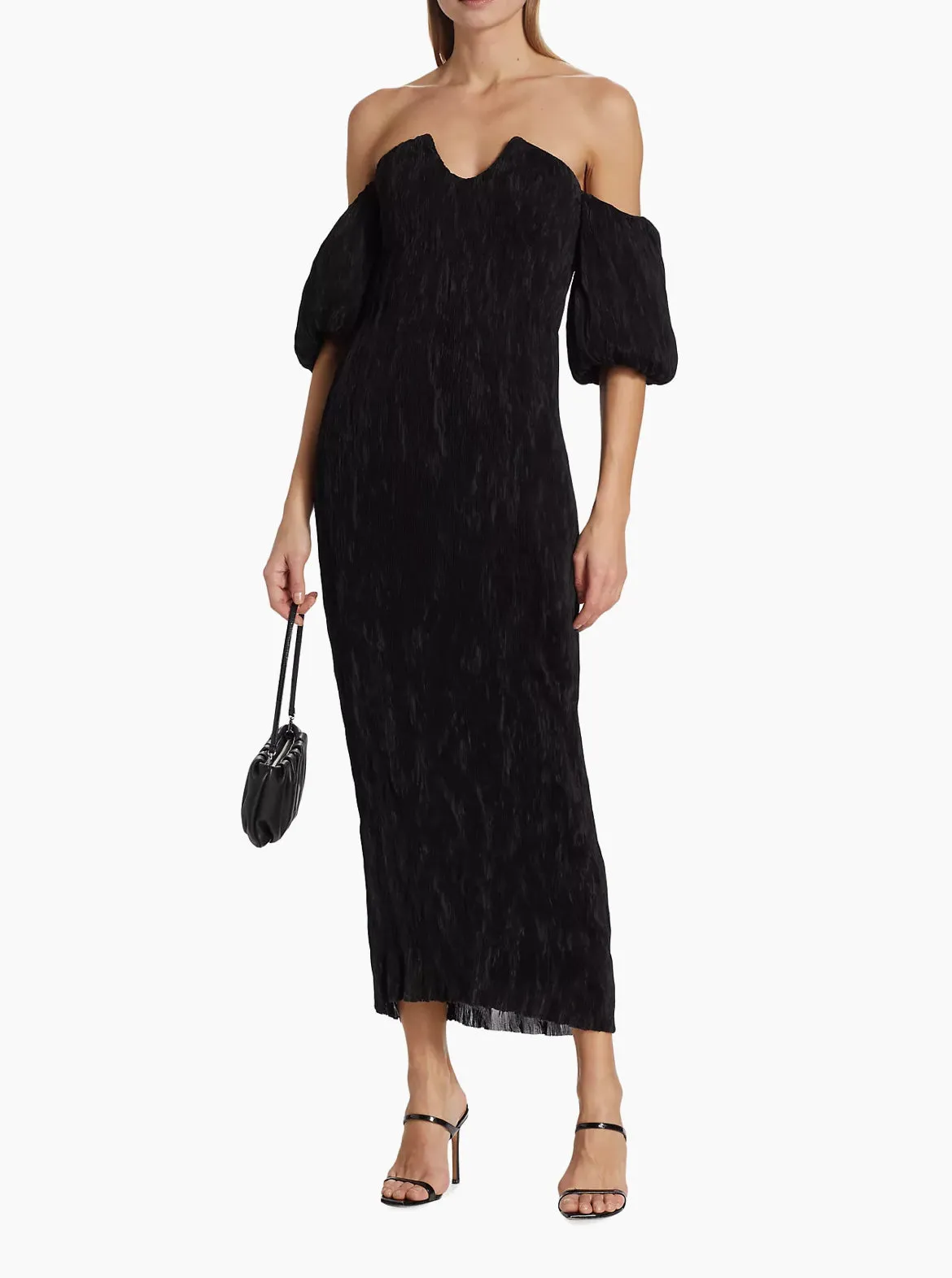 Lela Rose Black Plissé Off-The-Shoulder Dress