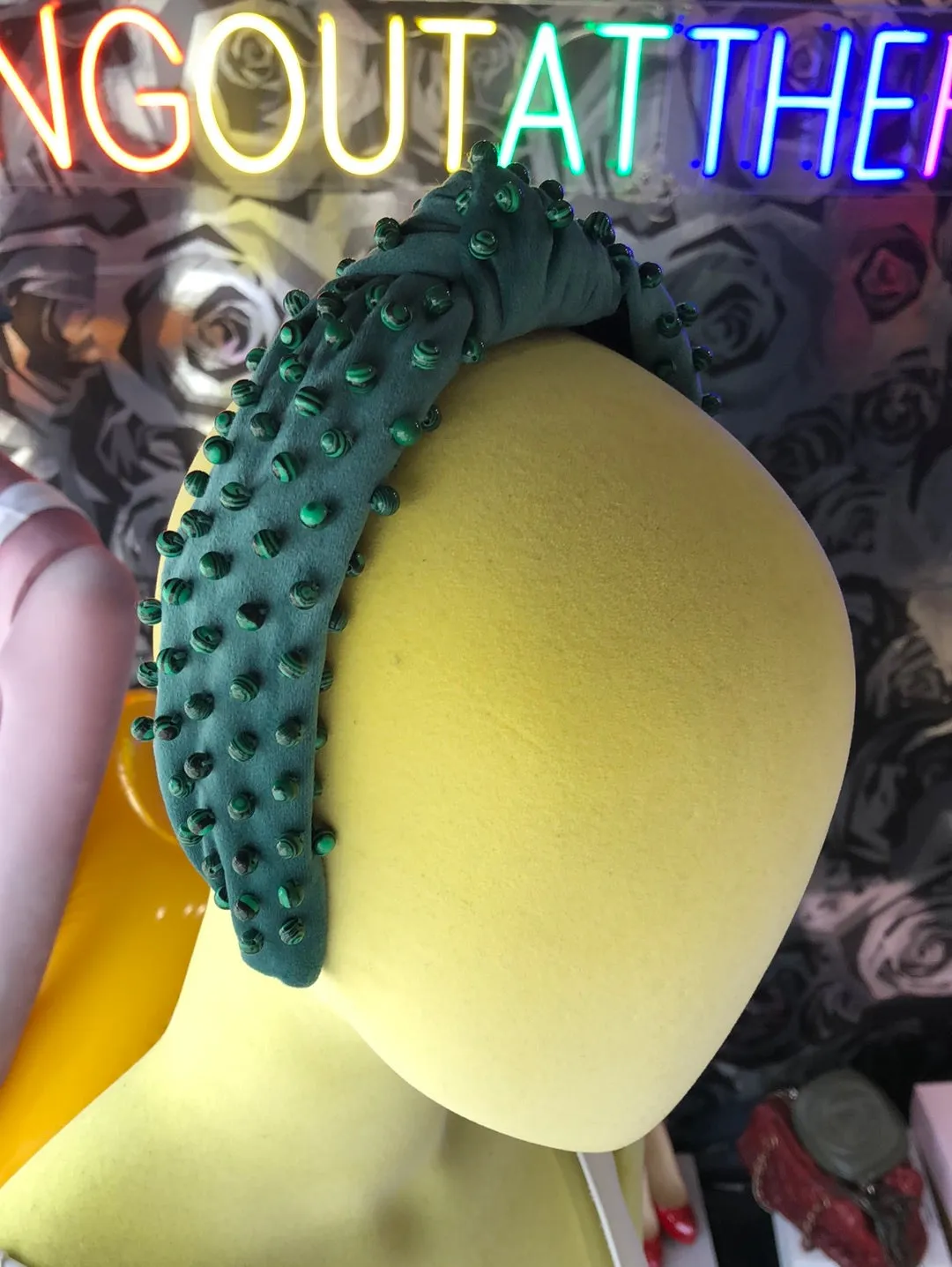 Lele Sadoughi Green Velvet and Beaded Top Knot Headband