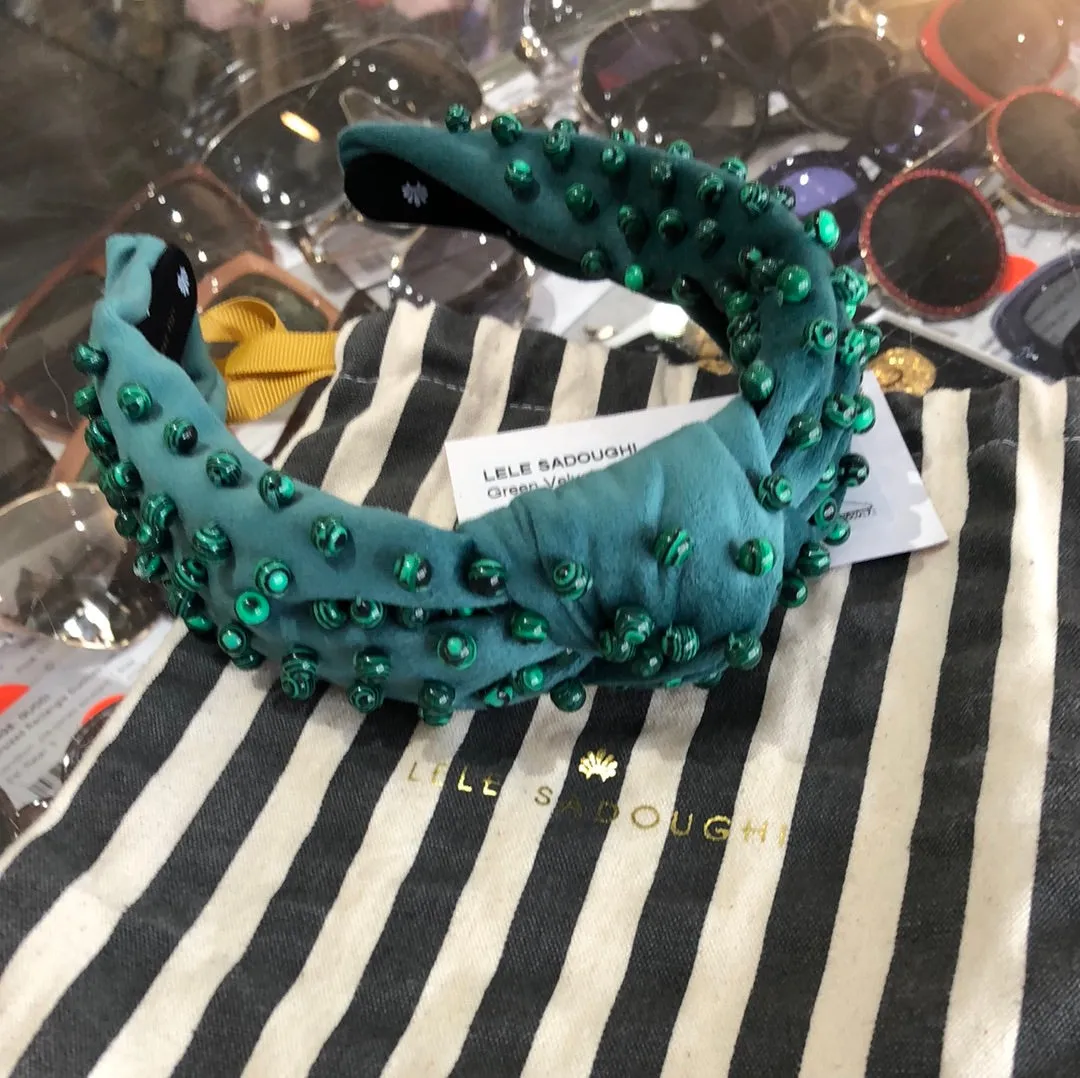 Lele Sadoughi Green Velvet and Beaded Top Knot Headband
