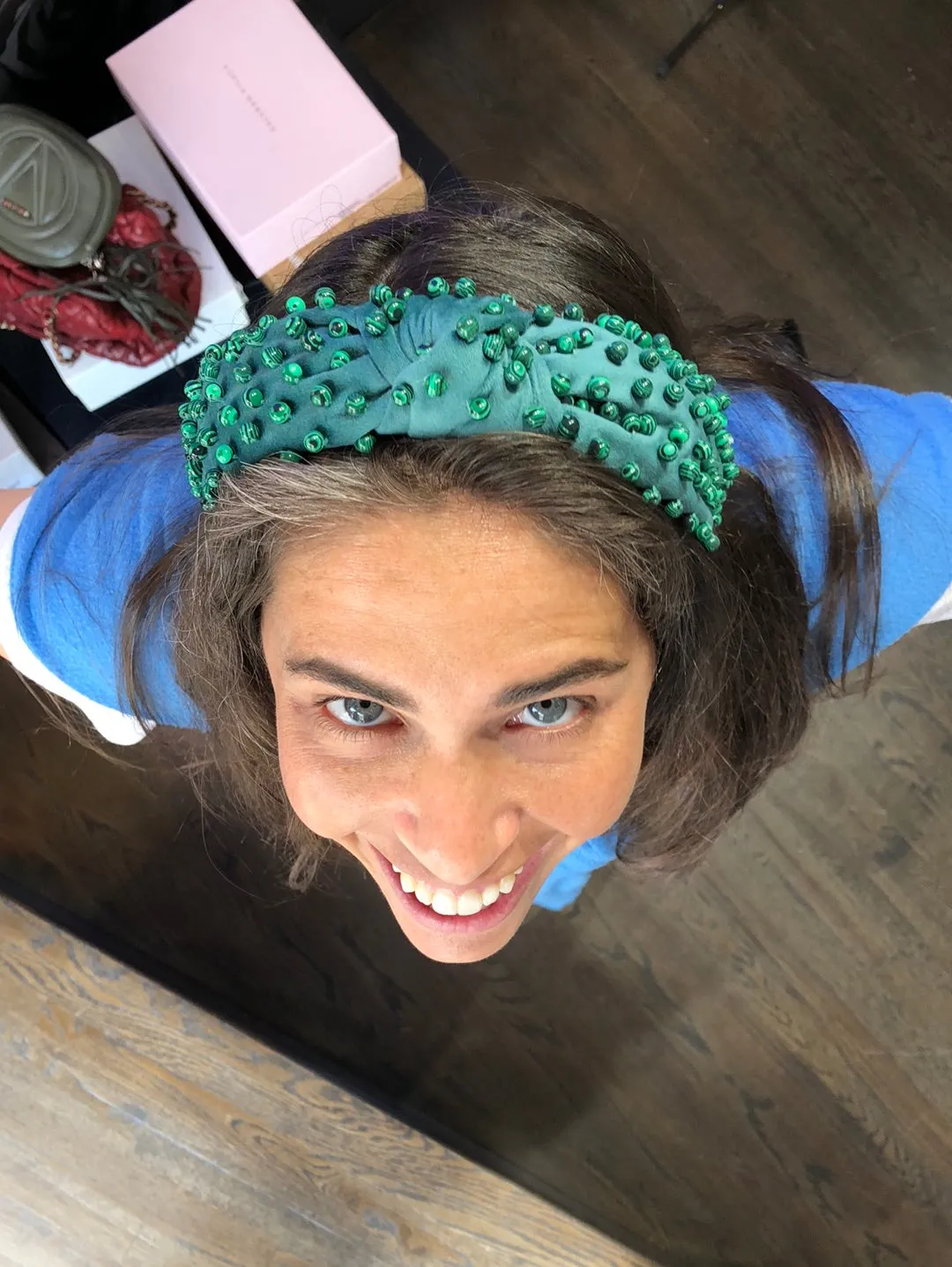 Lele Sadoughi Green Velvet and Beaded Top Knot Headband
