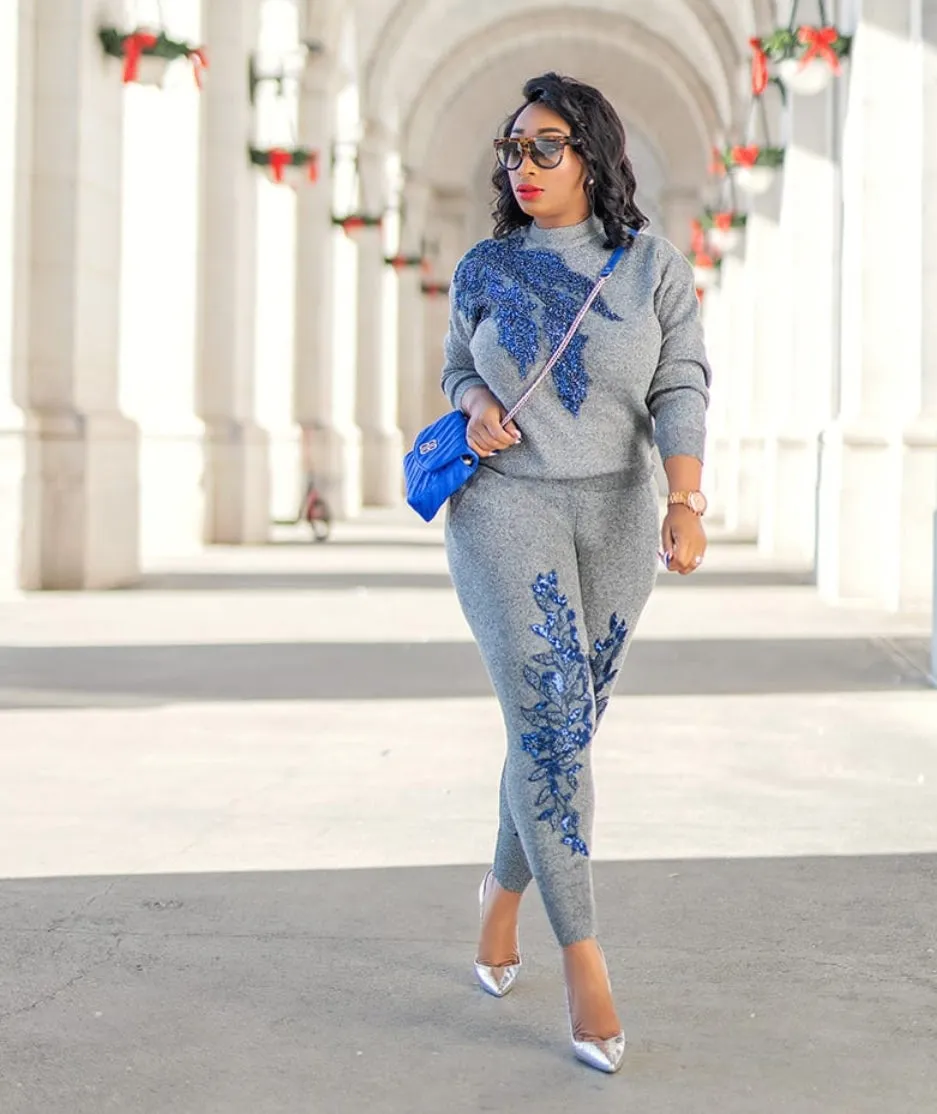 Lettie- 2 pcs Embellished Sweater Tracksuit Set (NEW)