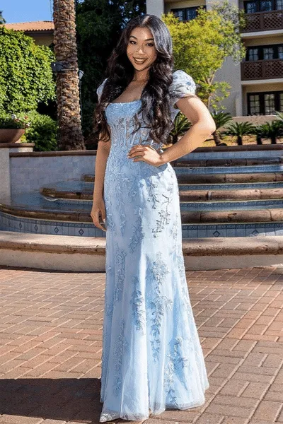 Light Blue Square Neck Puff Sleeves Appliques Tulle Long Prom Dress
