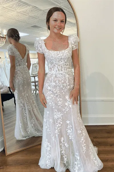 Light Blue Square Neck Puff Sleeves Appliques Tulle Long Prom Dress