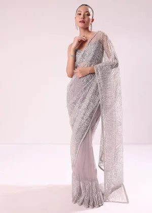 Lilac Fancy Sequence Net Saree With Ruched Stitched