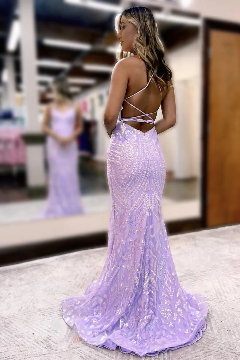 Lilac Mermaid Spaghetti Straps Lace Up Back Prom Dress
