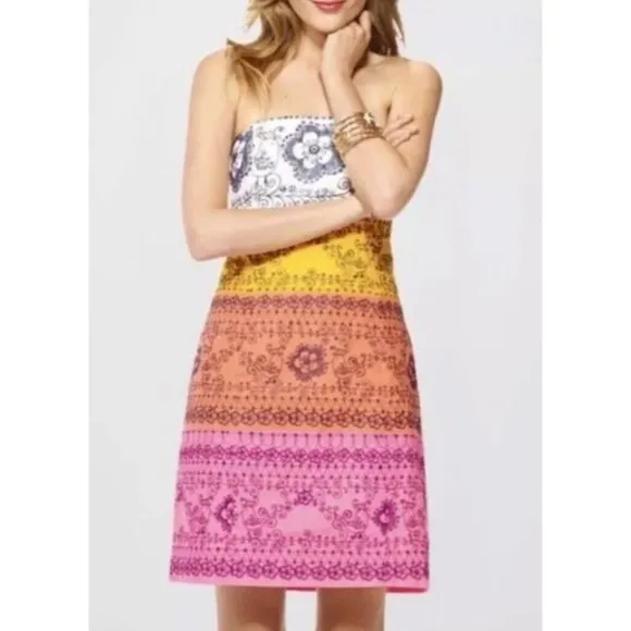 Lilly Pulitzer Bowen Color Blocked Bird Is The Word Embroidery Strapless Dress 2