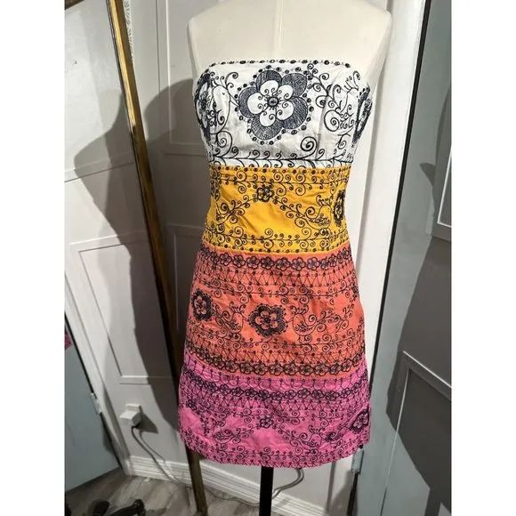 Lilly Pulitzer Bowen Color Blocked Bird Is The Word Embroidery Strapless Dress 2