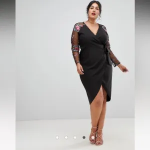 Little Mistress Plus Wrapover Black Pencil Dress With Embroidered Sleeve Detail