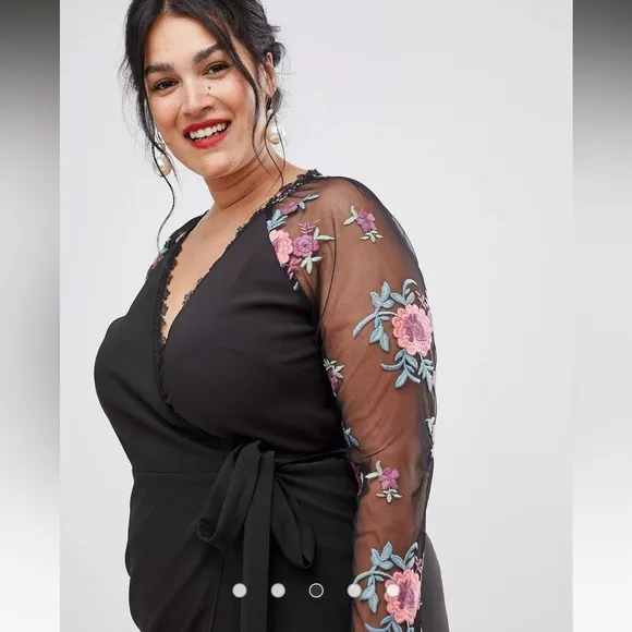 Little Mistress Plus Wrapover Black Pencil Dress With Embroidered Sleeve Detail