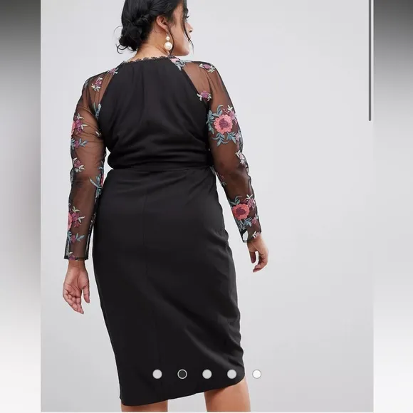 Little Mistress Plus Wrapover Black Pencil Dress With Embroidered Sleeve Detail