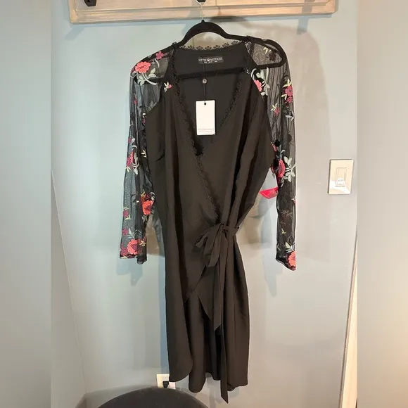 Little Mistress Plus Wrapover Black Pencil Dress With Embroidered Sleeve Detail